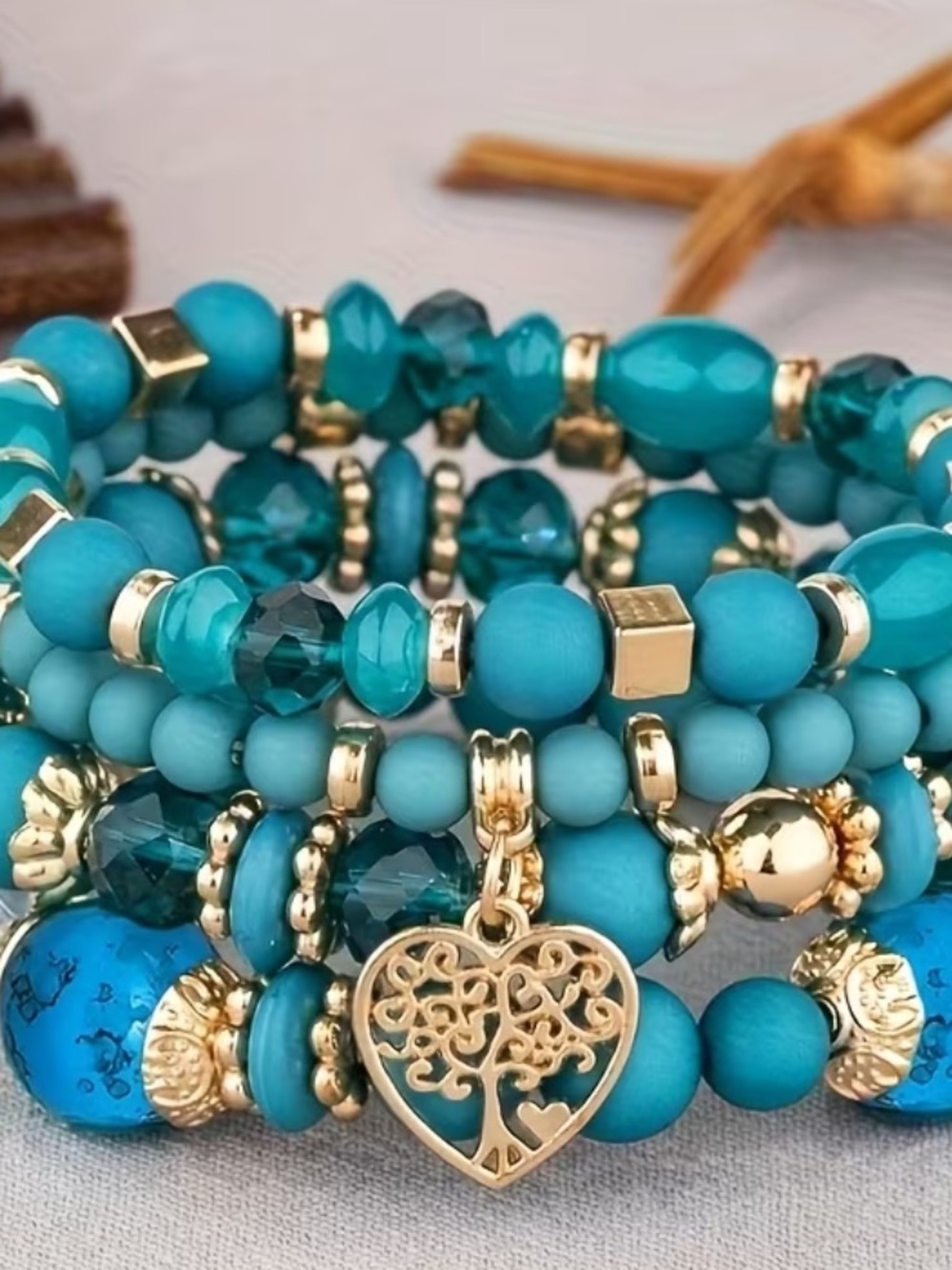 Turquoise Blue Beaded Wrap Bracelet with Gold Heart Tree Charm - Women Jewelry